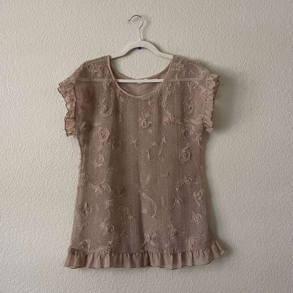 Blu Pepper Overlay Top Loose Sheer Mesh Textured Ruffle Hem Boho